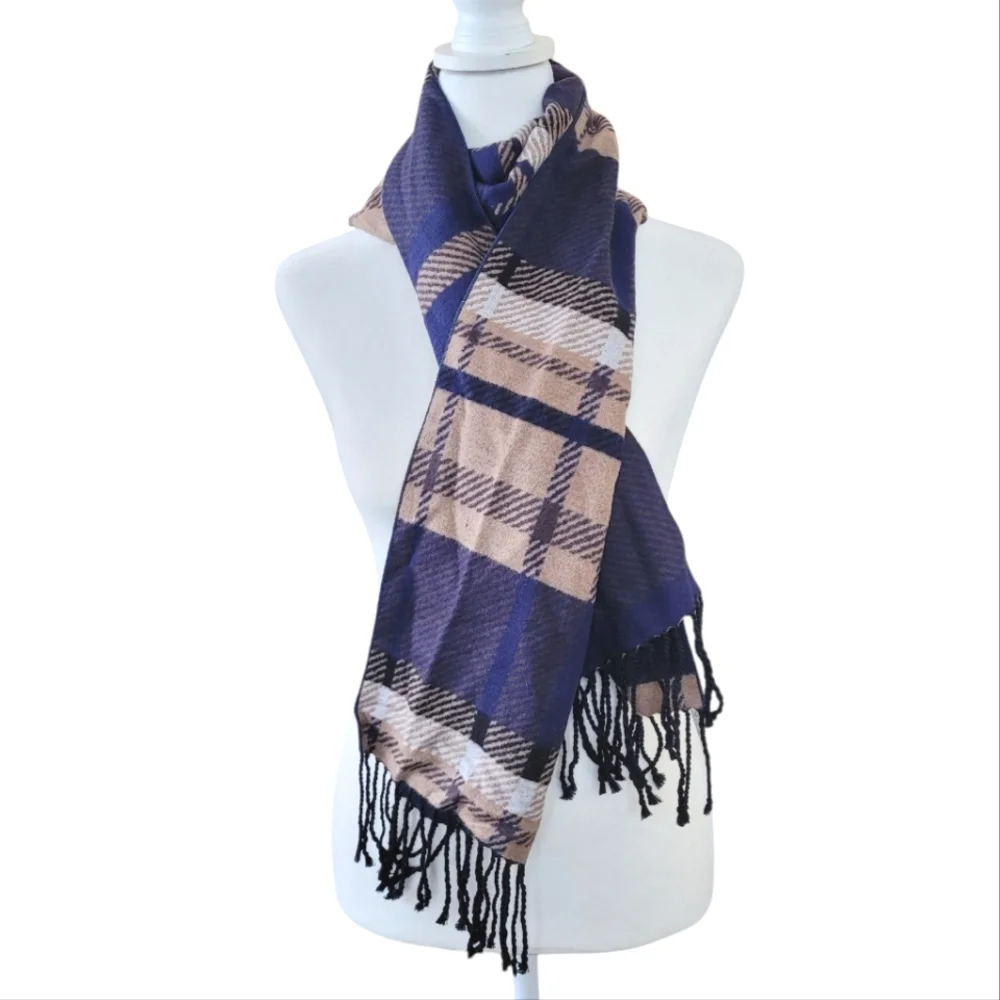 100% Silk Club Room Plaid Scarf Blue Tan w Fringe